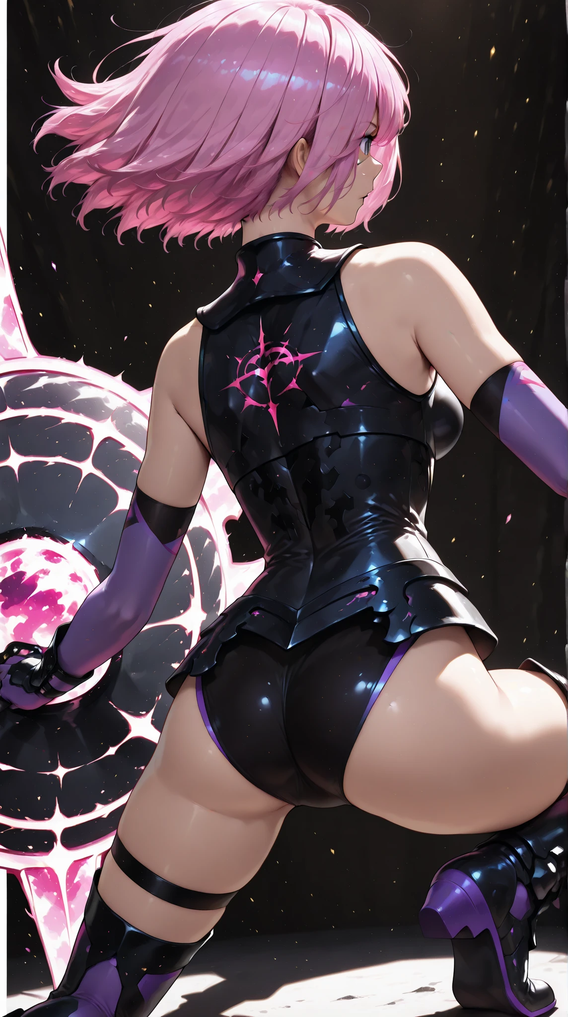 (rear view, backside view),(La mejor calidad,A high resolution,Ultra - detallado,actual),a girl, Un cuerno en la frente, Luna en el fondo, Largo de pelo, Un hermoso fondo,,(hermosos ojos azules), (fondo piedras grandes ?????:1.4) , (pose vaquero ), (realistic) ,Arte detallado de alta calidad 8K, Fanart Mejor ArtStation, Fantasy art style ,( bodysuit encaje neon pink:1.4), Medias pantimedias,(ciborg Mirai:1.4 ),(cabello pink Mirai)