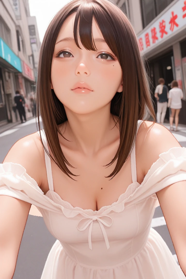 (masterpiece:1.3), (8K, realistic, Raw photo, highest quality: 1.4), (1 girl), beautiful face, (realistic face), (brown hair, you feel the skin、 short hair:1.3,With bangs), beautiful hairstyle, realistic eyes, fine and beautiful eyes, (realistic skin), beautiful skin、((navy miniskirt、white dress:A slightly pink bra is visible、I have a black bag、beautiful necklace))、Breast flick、((medium breasts))、(in a crowded train)、From the side、full body、(look away)、I can see the whole body、(Are standing)、crossed arms、((chest hold))、18 year old beautiful girl、beautiful clavicle
