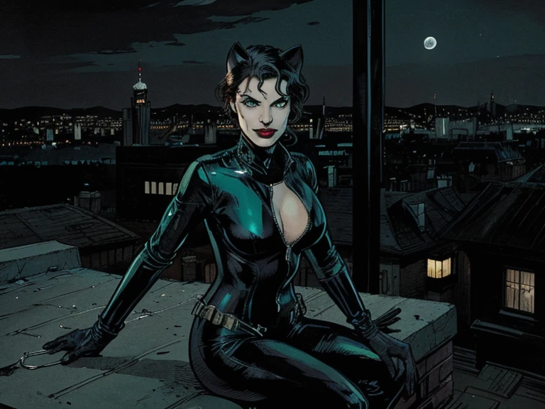 Her black leather texturized mask is covering all this area, american comic style