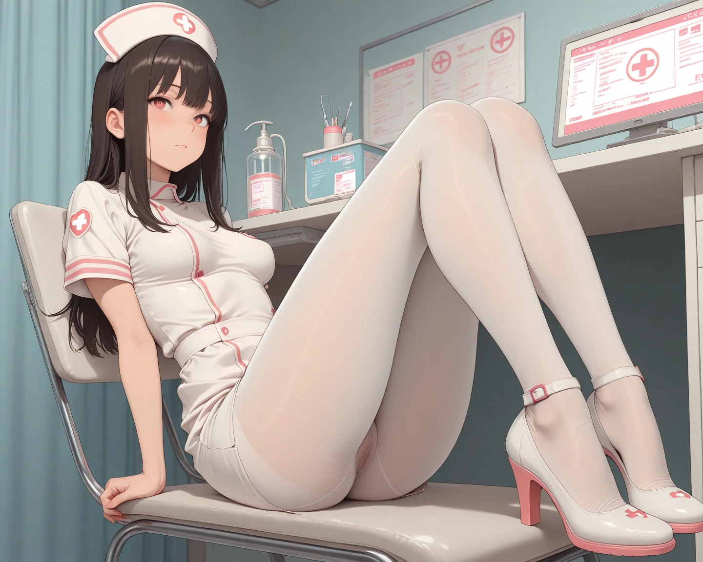 (A work depicting a moment in a manga for adults), (written by hand), ((Manga style background)), (nurse, white nurse uniform, white nurse cap, droopy eyes, realistic skin, Ultra-detailed luxury lace small panties, swollen nipple area), spread her legs, ((showing off her panties, smile)), to the hospital, sealing, curtain, white thigh high stockings, hair up, Stethoscope, clipboard, Glasses,((half naked))、((Peeing))、((Pissing))
