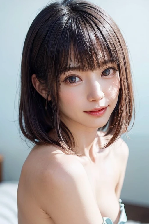 ((masterpiece, Highest quality, High resolution、Realisticですべてが美しく詳細に描かれている)), 1 person, (Realistic: 1.4), alone, White Background, snow-White Background, Mouth closed, smile, smile, Beautiful black hair, short hair, Big eyes, Transparent double eyelids, eyelash, Listen carefully, Long neck, 美しくLong neck, Absolute area, ((Face close-up)), (Draw the whole head, shoulder), 19 years old, Attractive proportions, Glowing Skin, Beautiful clavicle, Golden ratio face, Perfect Face, Teardrop-shaped mole, chestのほくろ, bangs, clean bangs, beautiful bangs, Lip gloss, Thin lips, Fair skin, naked, Big Breasts, {Huge|big|Hugeな|Mega} chest:2, chestの谷間:2,chestの谷間を見せる、Small face, Small face, All the heads are painted, shoulder all drawn, Point slightly above the camera
