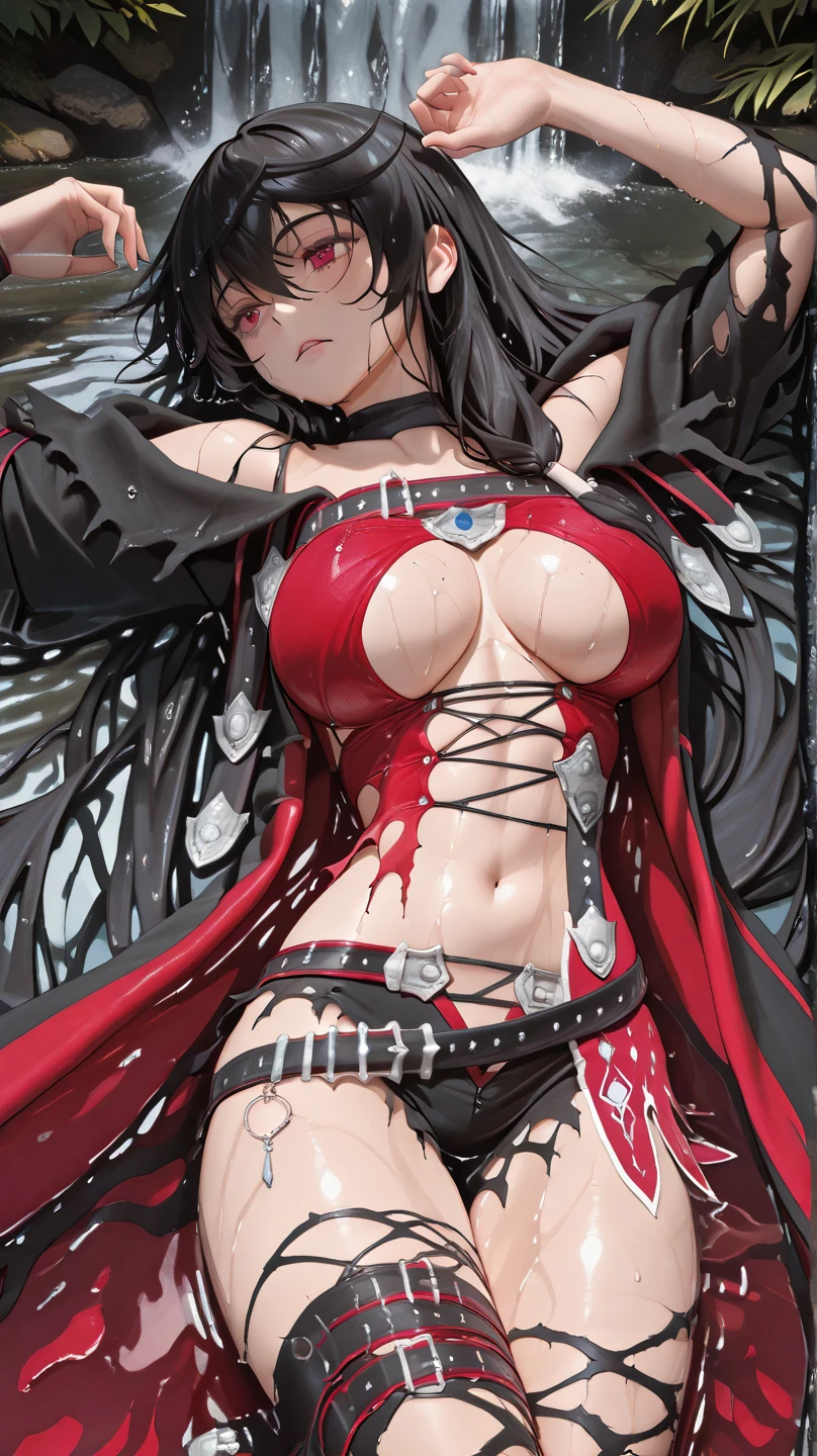 1female,25 age old,Large breasts,long leges,Big breasts Thin waist,Pornographic exposure, 独奏,(Background with:ln the forest,the rainforest,in summer) She has long purple hair,standing on your feet,Sweat profusely,drenched all over the body,seen from the front, curlies, mostly cloudy sky,(((tmasterpiece),(Very detailed CG unity 8K wallpaper),best qualtiy,cinmatic lighting,detailed back ground,beatiful detailed eyes,Bright pupils,(Very fine and beautiful),(Beautiful and detailed eye description),ultra - detailed,tmasterpiece,)),facing at camera,A high resolution,ultra - detailed),revealing breasts,Bare genitalia, Bulge,Camel toes,Raised sexy,Flushed complexion,Open-mouthed,frontage,Steel Spider-Man(Wearing:Red cape,Pantyhose,shairband)nakeness,scifi style