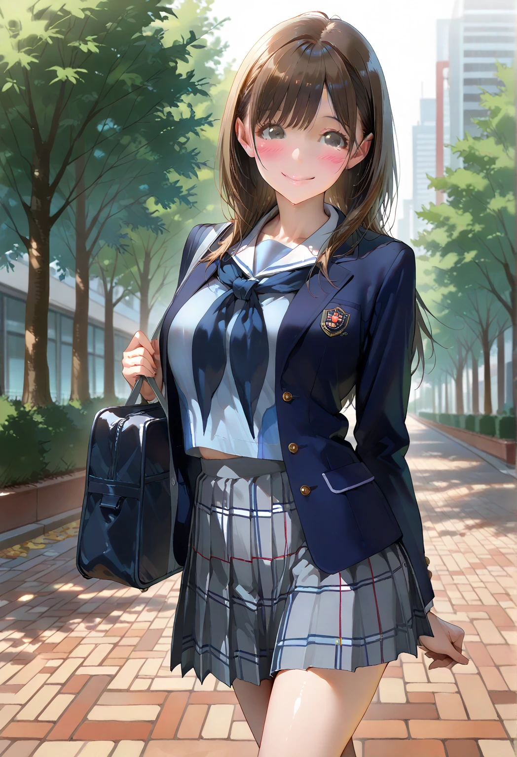 25 year old female, mature woman, ((At the school gate)), ((school uniform)), Raw photo, (photorealistic: 1.37, realistic), Highly detailed unified CG 8K wallpaper, 1 girl, (((perfect body: 1.1)), (medium breasts: 1.2), looking at the viewer, (((straight from the front)))), (headquarters skin:1.2, shiny skin), 8k uh, Digital single-lens reflex camera, soft lighting, high quality, film grain, Fujifilm XT3, ((full body:  0.8)), (professional lighting:1.4) ,