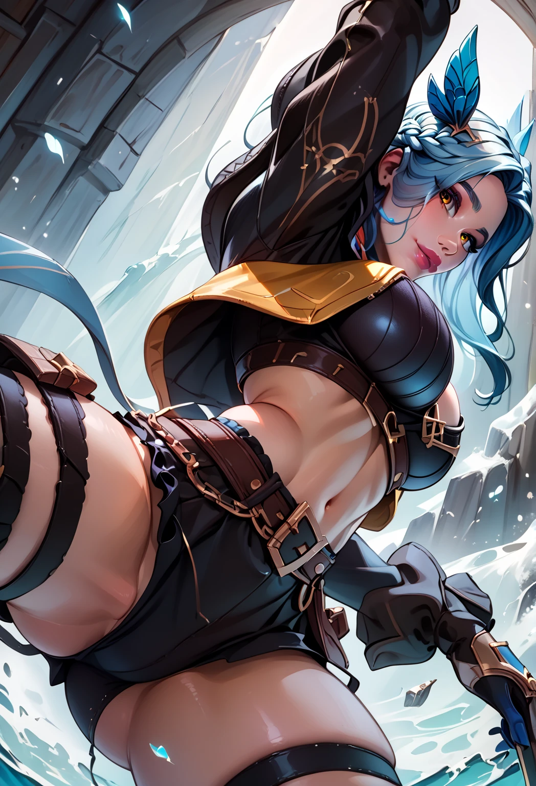 Jinx, arcane, league of legends, risque pose, crazy girl, gun, combat outfit, digital illustration, vibrant colors, soft lighting, absurdres, ultrasharp, 8K