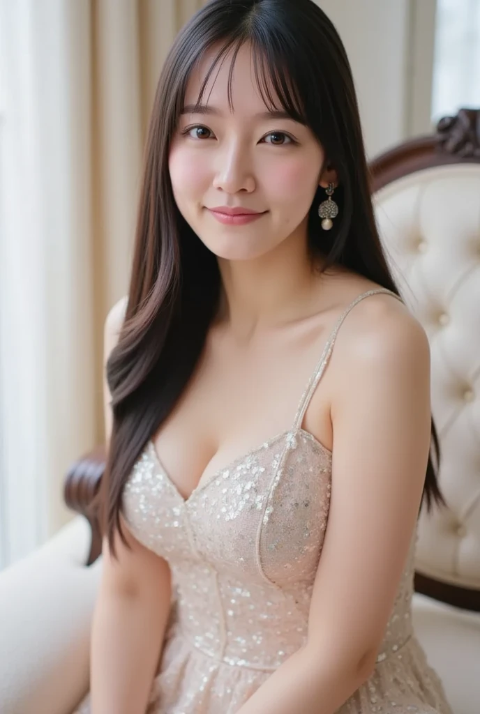 Ulsan-6500-V1.1、Extremely detailed、High definition、Raw color photo、wide shot、1 young woman、Kpop Girl、high detail skin、soft light from above、vivid colors、shiny white skin、wonderful face and eyes、Light makeup、Smile、thin lace long dress、long legs、Pose sitting on a chair and looking up、Bouquet in hand