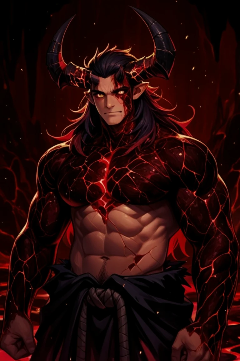 A fire demon, wings of fire, huge horns, red skin with red body hair, crimson red eyes, its intimidating appearance, make an Ifrit fire demon, body hair, bestial, hell.