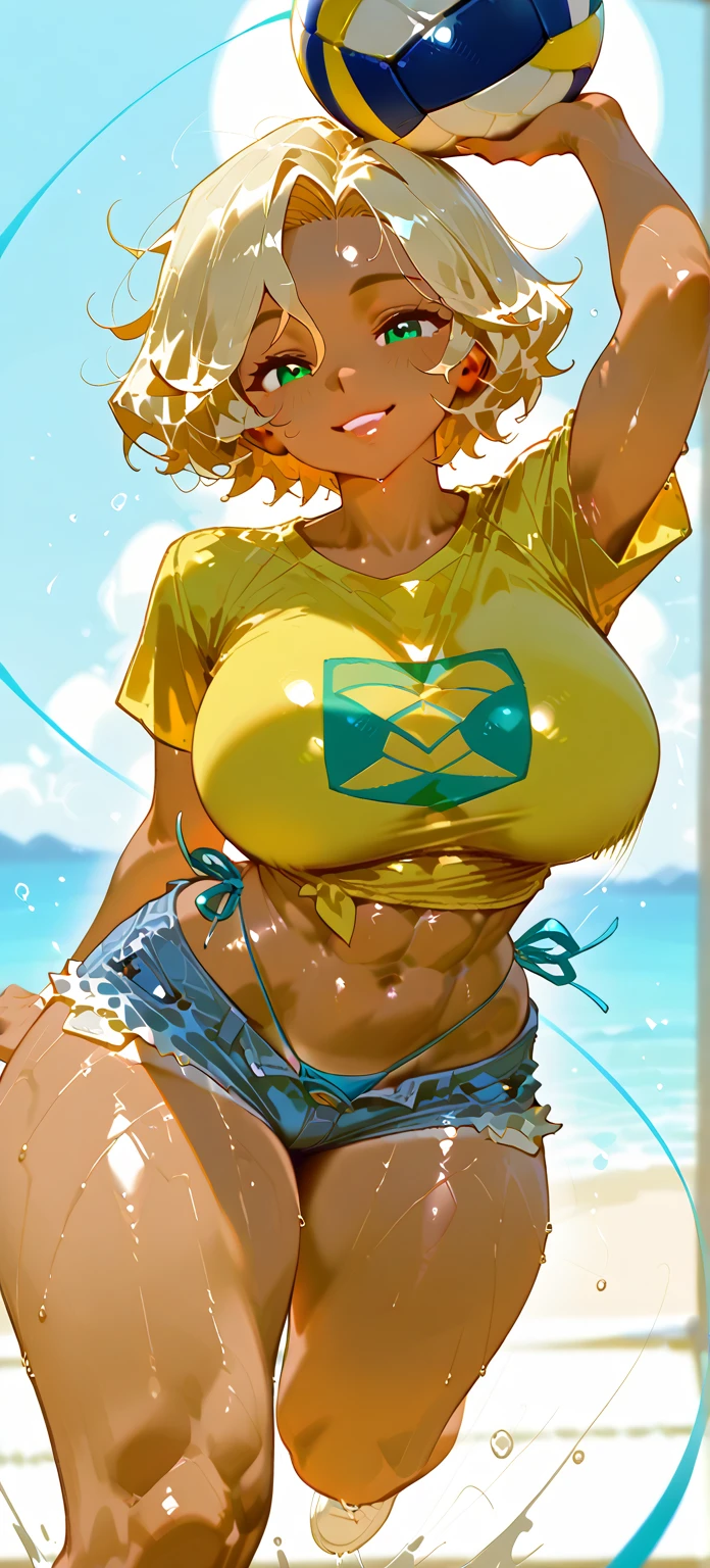 Sasaki Kanna gives titsfuck with a smug look, Yellow Tank Top, underboob, Sweat, Black hair twin tails, Big Breasts, Smile, Naughty smile, A foolish smile, Drooling, Sweaty big tits, Sweat dripping from the lower breast, A triumphant smile, Brown skin, A skinny elementary school student with big breasts, Red eyes,