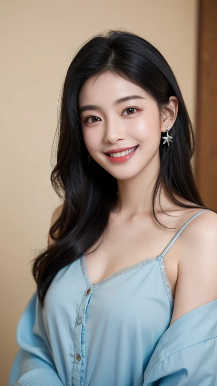 A 13-year-old American girl, wearing a low neckline, off-the-shoulder dress, exposed most of her chest, she smiled, eyebrows raised, the highest quality,Realistic style