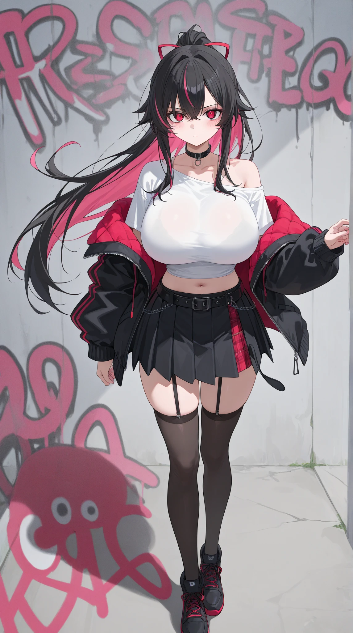1girl, absurdres, high res, extremely detailed ultrasharp, 8K, masterpiece, city background, looking at viewer, human, thighs, breasts, big breasts, long hair, multicolored hair, makeup, hair ornament, shirt, open hoodie, hood, miniskirt, garter straps, ear piercings, hair ornament