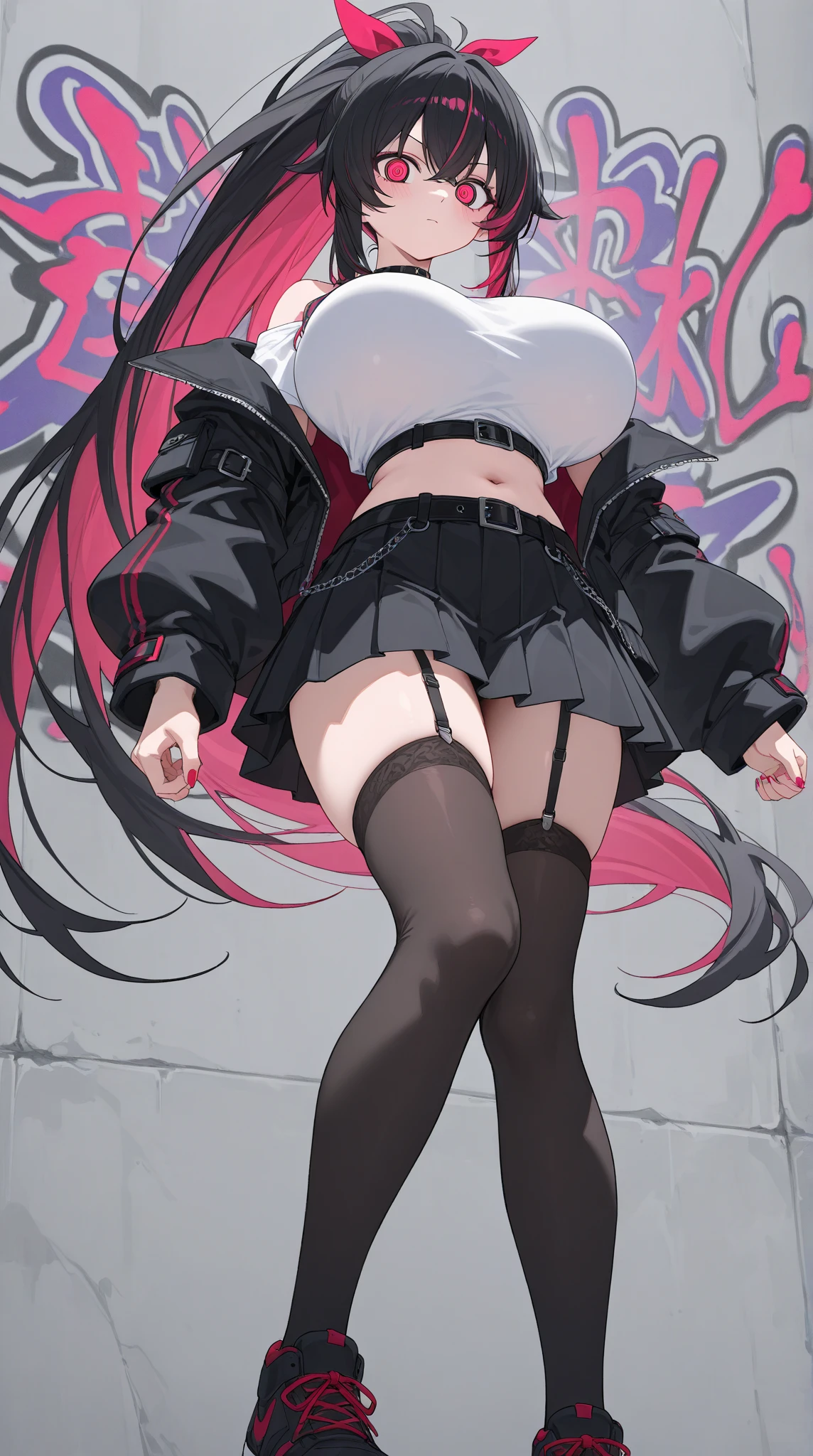 master piece,best quality,ultra-detailed,(graffiti:1.4),(looking back),grin,(full body),low ponytail,very long hair,hat,(multicolored hair:1.2),hoodie,(from below),panties under black pantyhose,hands in my pocket