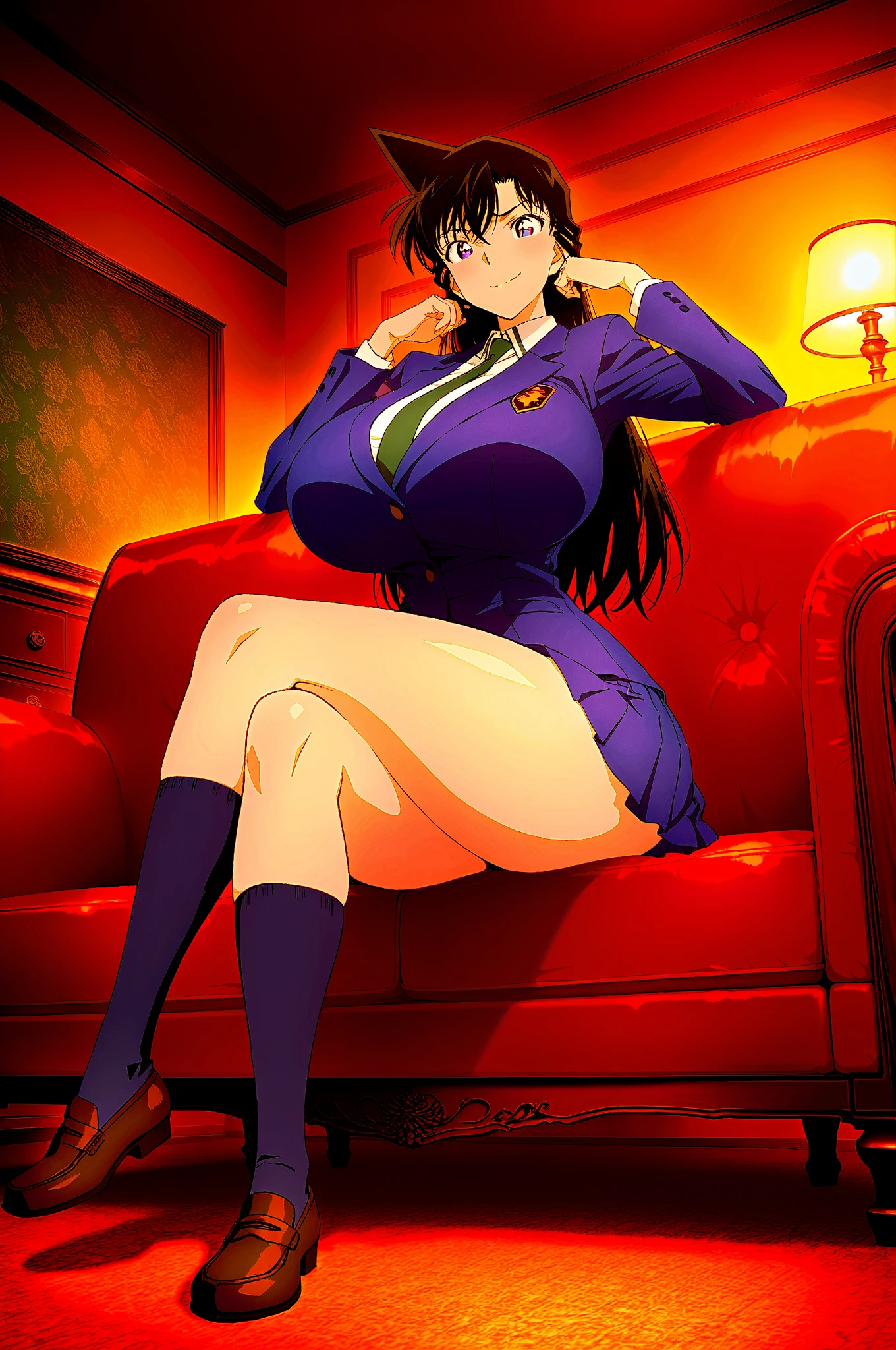 A beautiful anime-style girl, Yaoyorozu, with big eyes, long eyelashes, and a gorgeous face, wearing a sexy, revealing outfit that shows off her big round breasts and thighs, sitting at a bar in an anime-inspired cell shading art style, masterpiece, best quality, 8k, high resolution, ultra-detailed, realistic, photorealistic , blush , legs spread , pussy