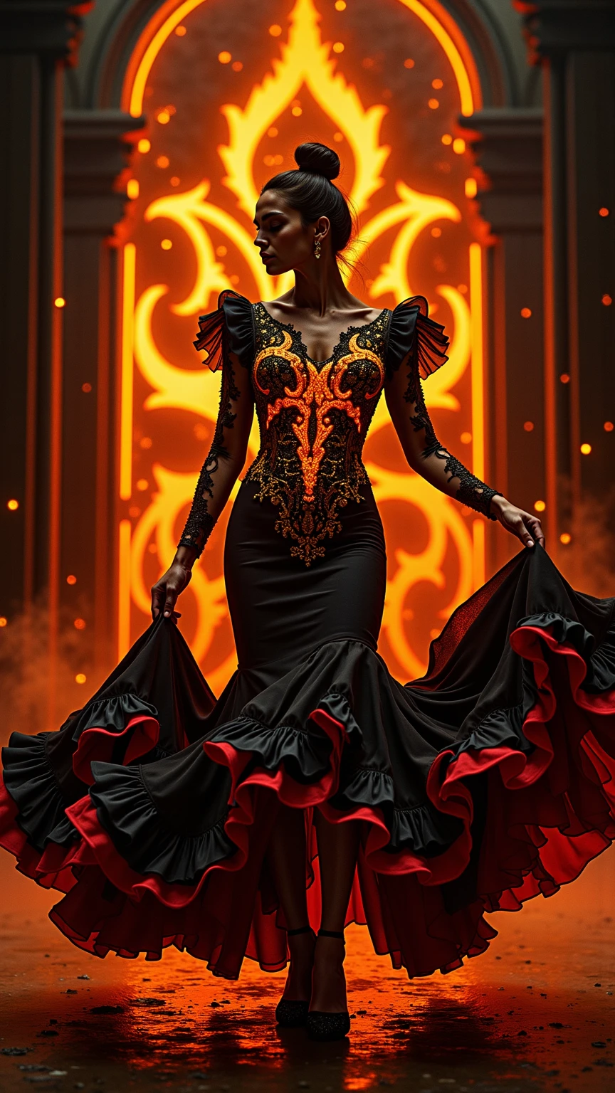 (Olivia Dunn) Hyper realistic super detailed sexy 40-year-old full-length woman (with large breasts), cup size E, trending on cgstation, (In a dress of black and orange flowers, Extravagant dress, intricate dress, intricate fantasy dress, Fire Dress, detailed dress, A dress made of fire, fantasy dress, extremely high details, Lady with glowing flowers dress, dressed in a beautiful dress, fancy long intricate dress, Black & Orange, Intricate, detailed dress, taut clothes, frank, fits the body, fits the chest), a confident girl, The photo was taken from the front, from the top corner, facing the photographer, Foreground photo , (Looking Ahead), NSFW, (frontal view, facing the photographer, (the pose, standingn, Victorian castle)), ( Coiling hair),  Very detailed, sexy facial expressions, seductive facial expressions, [:(face detail: 1.4): 0.4], 16K resolution, 4k resolution, dinamic lighting, high-definition resolution, (sexy pose, seductive position), (elongated chest,: 1.7), (slimness: 1.2), (Narrow waist: 1.6), (Slim legs: 1.4), (hyper realisitc: 1.4), (back light: 1.2), (Sunlight: 1), (full height: 1.8), (pectoral muscles: 1.3), (contrasting background: 1.5), (Hyper-Realistic Arm Anatomy), (Hyper-Realistic Leg Anatomy), (Clean skin), (Veins Not Visible: 1.5), (Cinematic lighting: 1.7), (Intimate), (NVIDIA RTX Ray Tracing Technology), (Hyper-Realistic Arm Anatomy: 2), (Perfect flat stomach), (Color Image), 8mm Film Grain, Shot on Sony A9 II, 135mm lens, f/1.8 Aperture, Deep Focus (10-bit RAW), The file weighs a lot, (CGI Art:1.3)