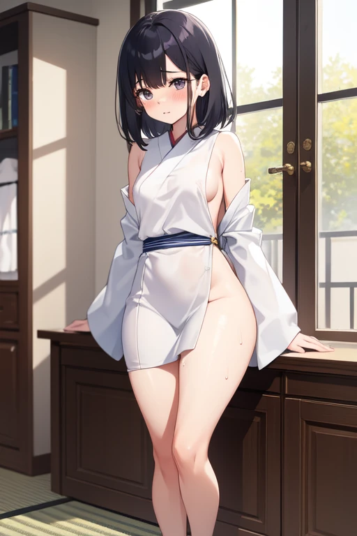Beautiful japanes woman, she is facing the camera, shy smile,Japan high school school uniform, summer clothes,Hands behind the head,small breasts,whole body wet,open wet white shirt,nipples visible,wet white lace panties,cameltoe,background is shower room.