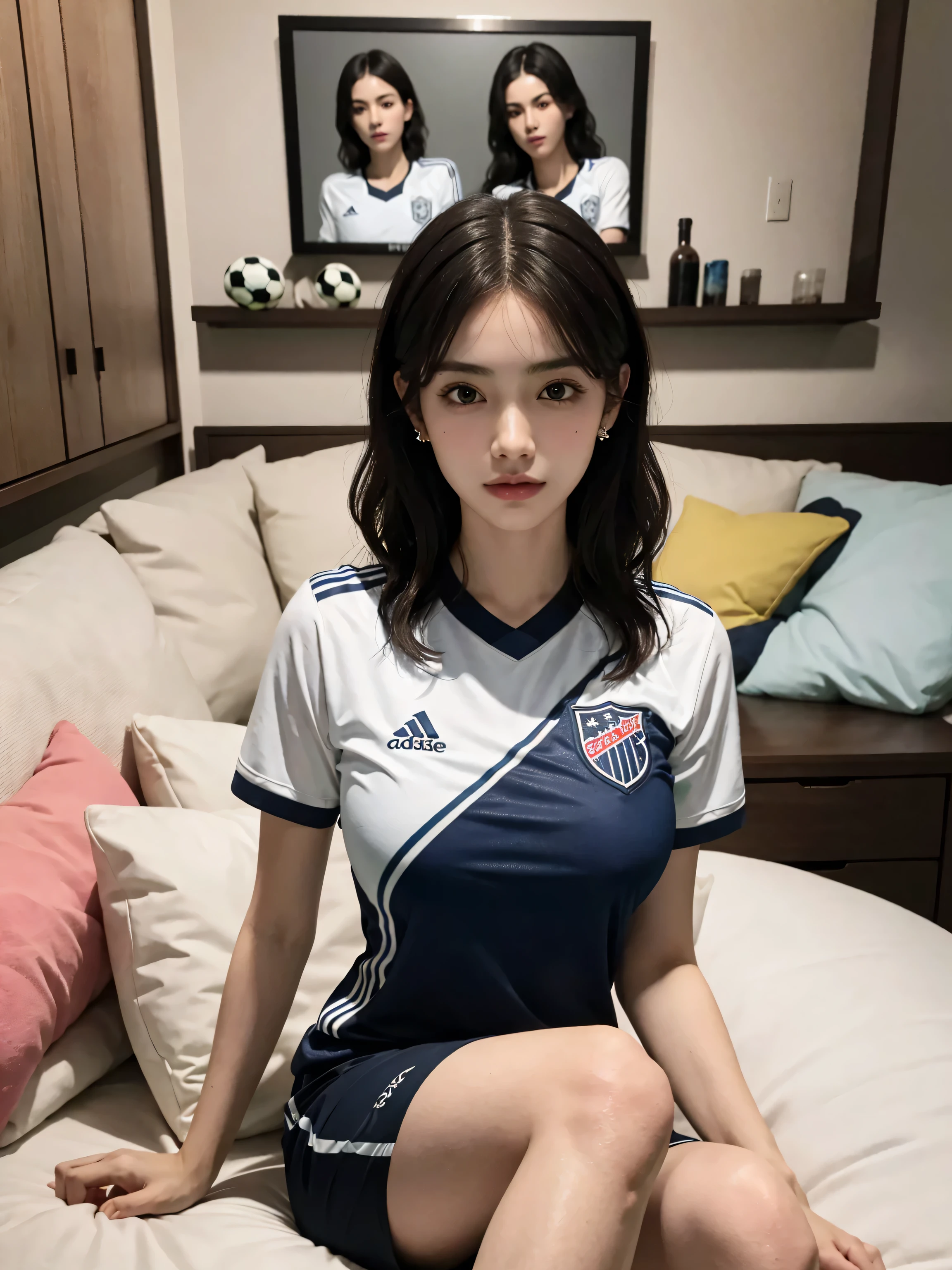 (very huge round breasts, perfect anatomy:1.4), (short hair, wavy hair, full body:1.1), (volleyball uniform:1.4), whole body, RAW photo, extremely delicate and beautiful, masterpiece, Best Quality, ultra high resolution, 16k, hyperrealistic, ultra-detailed, Very detailed CG 8k wallpaper, Beautiful Lighting, Perfect Lightning, Realistic Shadows, super Detailed shiny skin, perfect figure, Japanese woman, late 20s, Slim body, Slim abdomen, very small head, handsome detailed woman, very detailed eyes and face, realistic face proportions, Stunning detailed eyes, Realistic beautiful face, very small face, Realistic small beautiful eyes, double eyelids, makeup, tearful mole, mole on chest, earring, bare legs, beautiful and very thin legs, beautiful and very thin thighs, narrow waist, (cleavage, Soft midriff, Fine Collarbone, off-shoulder:0),