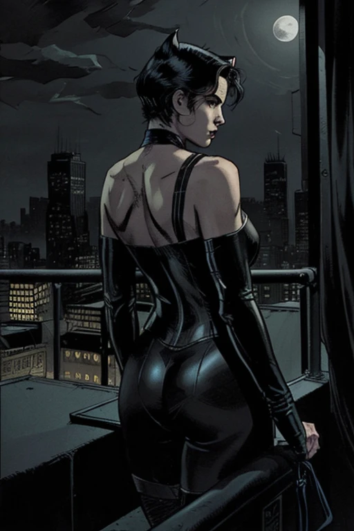 A captivating Catwoman figure, boasting generous assets, The velvety fabric of her black lingerie clings to her curvaceous figure, big breasts, cleavage. Her seductive green eyes gleam, a sly smile playing at the corner of her mouth. The intricate details of the lingerie's texture and the glossy finish of her feline ears add to the masterpiece of this art piece, sexy pose, bedroom