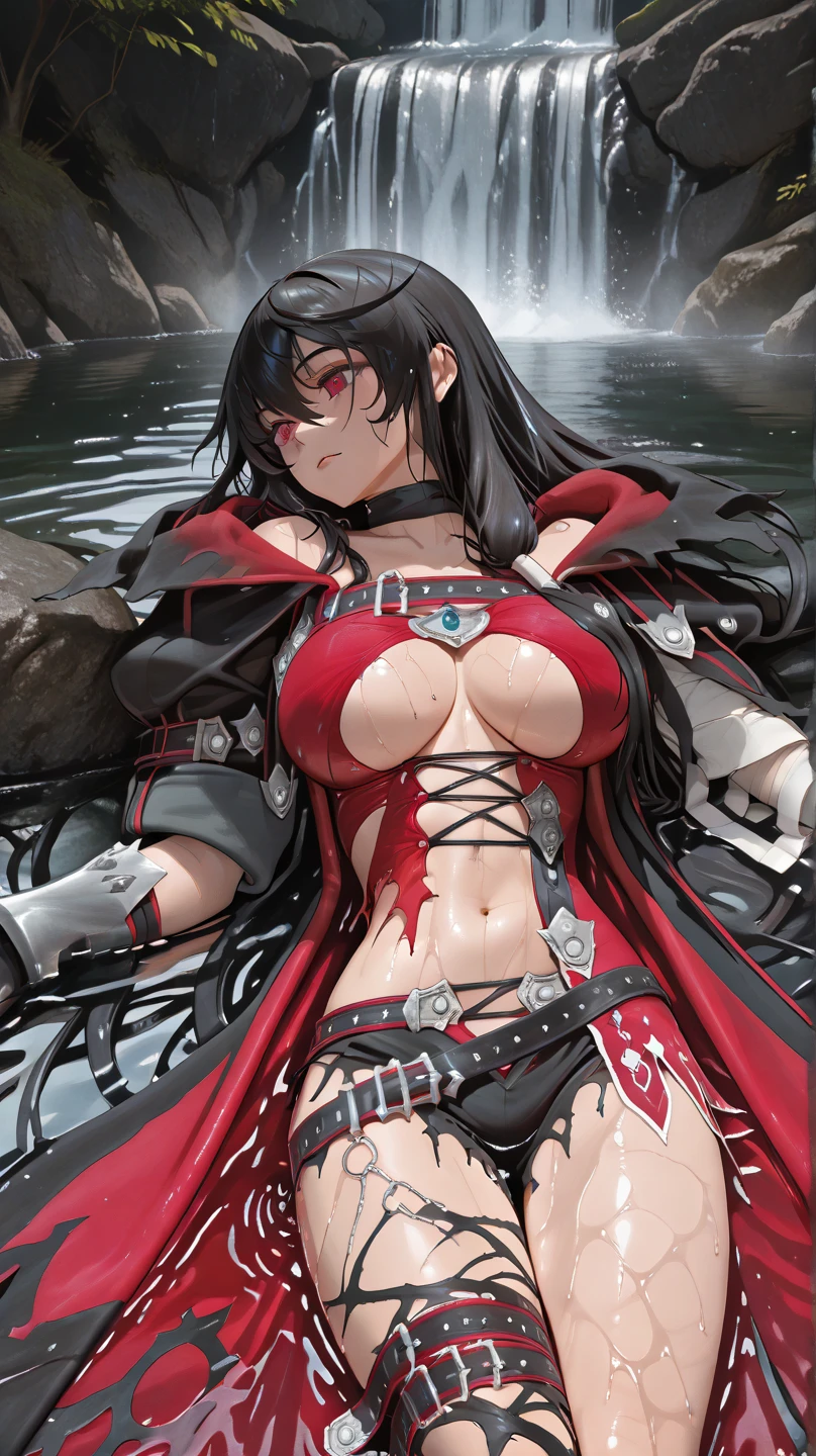 Highest quality、Highest quality、Masterpiece、girl((Age 25、as soon as、Highest Bust、Medium Bust、Wide open chest、Red glowing eyes、Black Ear、Red Mesh、Disheveled Hair、Loincloth、thin、The best valley、Open chest、Luminous Wristbands、hair ornaments、Full body view、Black Shirt、Black trousers、scar、cell phone、A little muscular、Watery eye、Tears))、high quality、Beautiful Art、background((night、Ninja World,volcano))、flight、Flying Debris、Depth of text、movie、Visual Arts、Perfect Art、8K、Genuine、