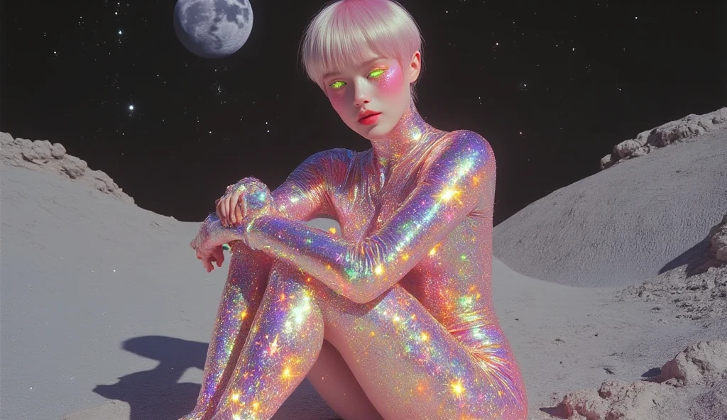 ((Analog photo. 70’s photo)) ((full body shot))(masterpiece photorealistic.Uhd.) an ultra hot gorgeous European woman. Age 23. Sexy curvy body. Extra large breast. ((100 E size)). Cleavage. Random hair color. B série Space opera héroïne. Barbarella style astronaut suit. Bright colors. Standing In a 70’s sci-fi moon landscape set. Cinematic lights.