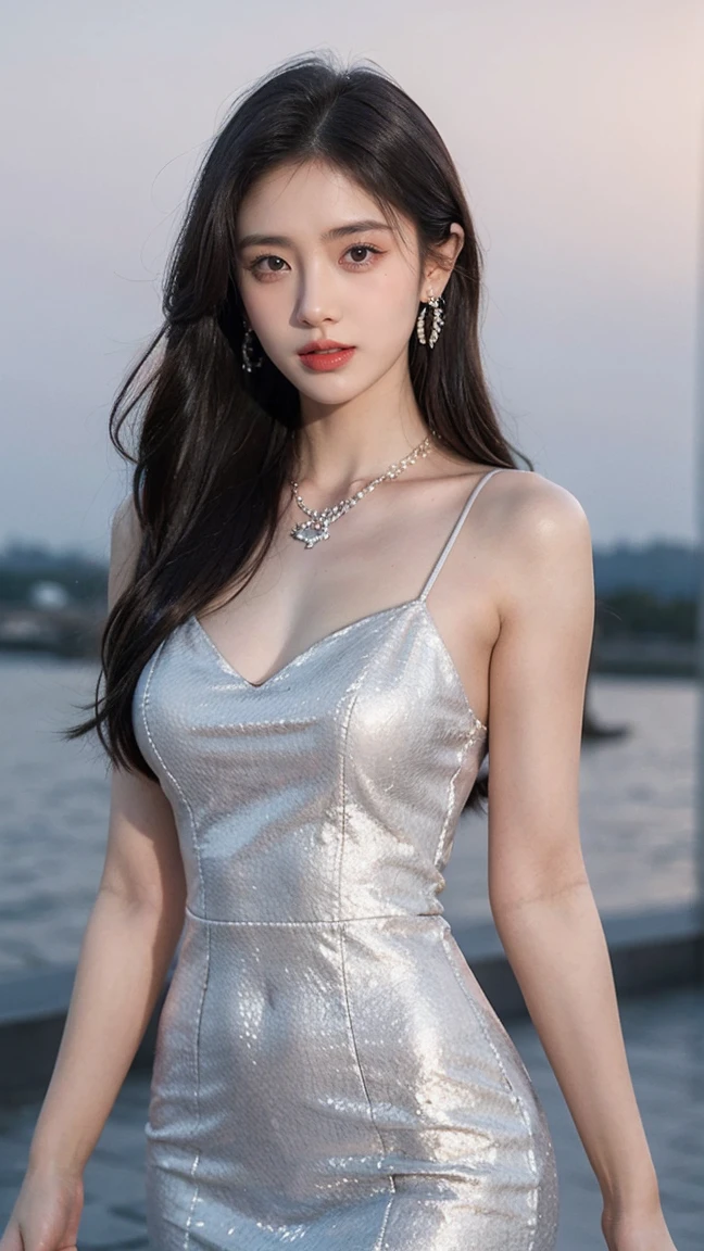 one girl,Beutiful women, sexly,Large Breasts,Along the coast,At night,Wear a white dress,Wear a silver necklace,Wear silver earrings