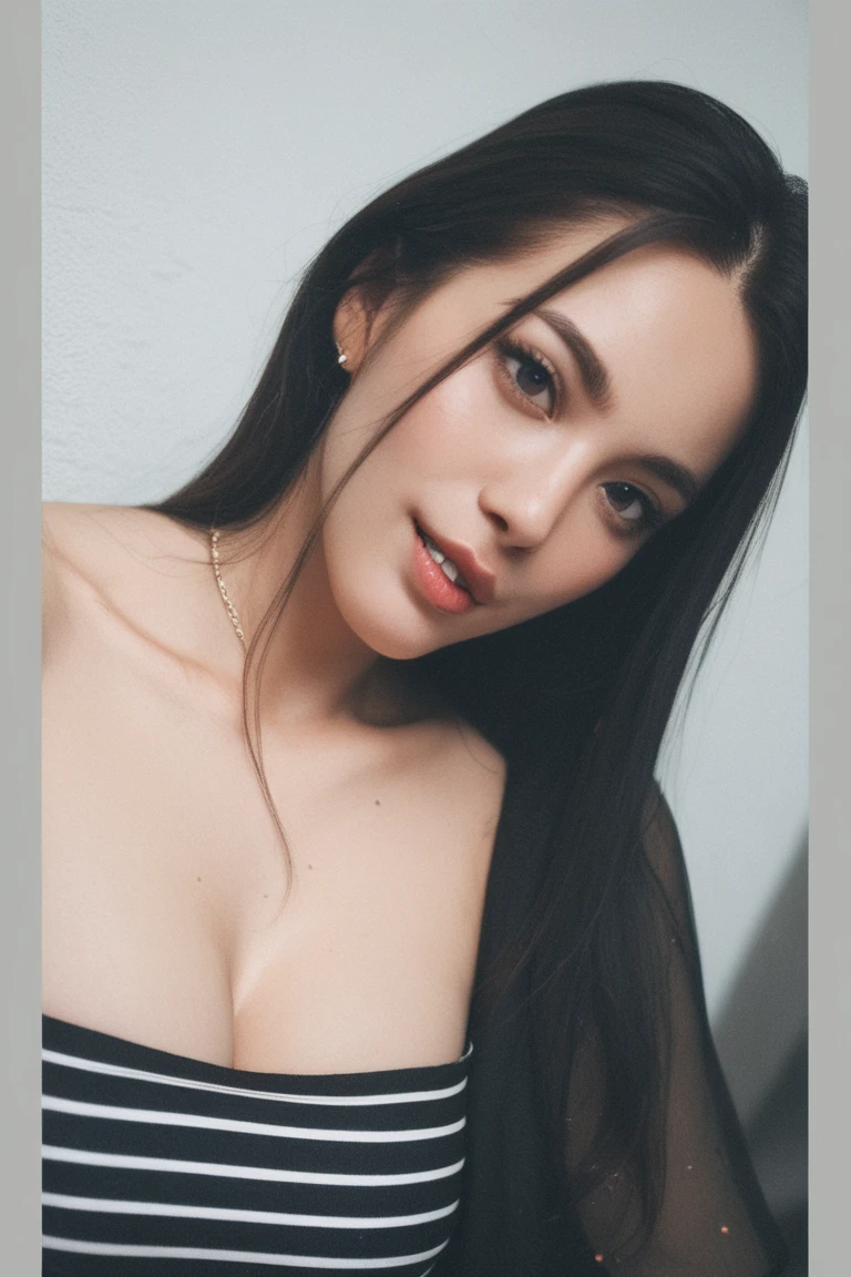 a potrait of a woman with a very big breast posing for a picture, sie boob, angelawhite, beautiful upper body, side boob, with a black dark background, with a black background, breasts covered and sfw, ayahausca, gorgeous features, beautiful features, sexy , the extremely hot and sexy, violet myers, very sexy