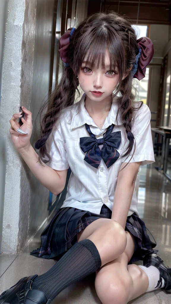 (Masterpiece:1.2, Best quality), (Real picture, Intricate details), 1lady, Solo, Sitting down, show legs, expose feet, Show the sole, Long hair, minimal makeup, Natural fabrics, close-up face, Fake smile, mischievous face, Bare feet, Feet in front of the camera, Long light platinum blonde hair, bangs, Korean bangs, Bangs on the forehead, Green eyes, school uniform, School T-shirts, school skirt, Pleated skirt, Big breasts, to the, Mature body, Mature face, Detailed face, Correct foot anatomy, Foot anatomy, Sexy feet, Feet pointing to the audience, Foot, A sole, Detailed feet, Correct foot anatomy, A sole, Sitting down.