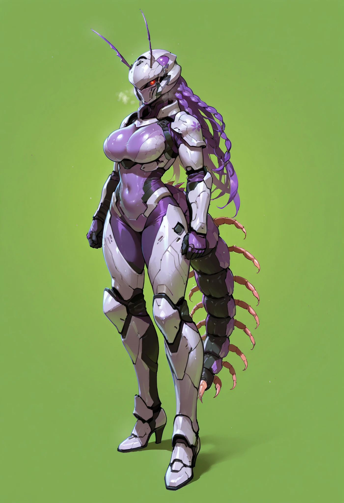 Cartoon photo of a woman in a purple costume、Hot insect humanoid female、a person々takeout、Guyver Style、SFW version、Scarabeleploid、tail、Cel Shade Adult Animation、Alien Queen、