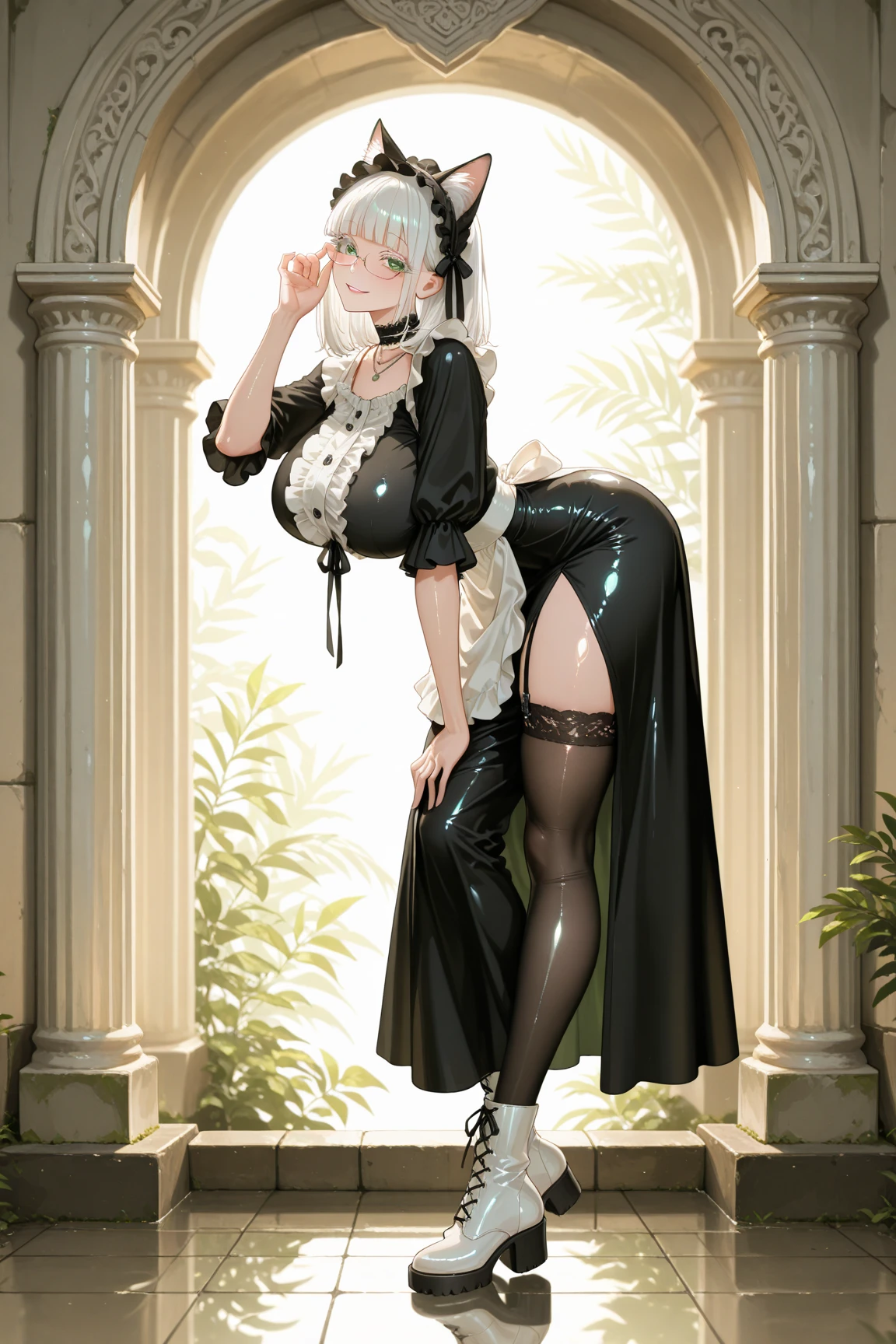 1girl, white hair, green eyes, from behind, looking side, pussy, ((black lingerie)), ((lingerie)), (black tights), (thick thighs), ((naked pussy)), (red lips), (big ass), (bents over table), from above