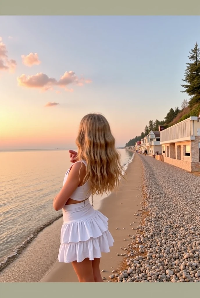 There's a woman standing on the beach, cabelo loiro esticado por muito tempo, olhos verdes, tampo branco, saia rosa com pequenos desenhos de flores vermelhas e pretas, tem uma pulseira preta no pulso, blue skies, blue sea water with waves , ao fundo algumas colinas de terra