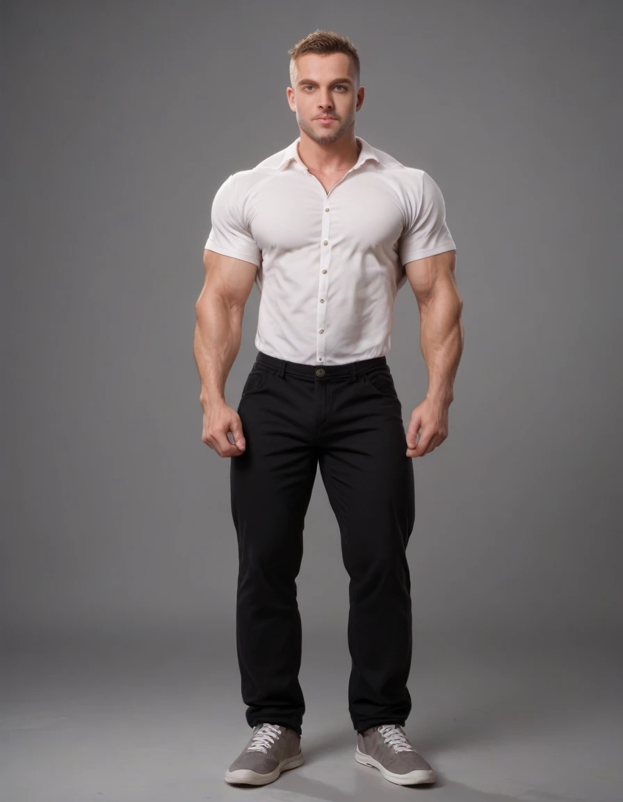 ((work of art,best qualityer,8k,high resolution)),((concept character art)), 1 men, mature man, Diego Vasquez, 34 years, (buzzcut Bblack hair), Bblack hair, (olive skin color), ultra-detailed eyes, protective, stark, determined, perfect body construction ((muscular)), ((intricate-detail)), Hands super detailed, ultra-detailed fingers(((ten fingers))), wearing a white short sleeved linen shirt oversized, white thank you top, black pants (standing confidently), (full length showcase), (show full body), (no logos in the background), (No logo), ((plain background)), ((plain background)), (((empty background)))