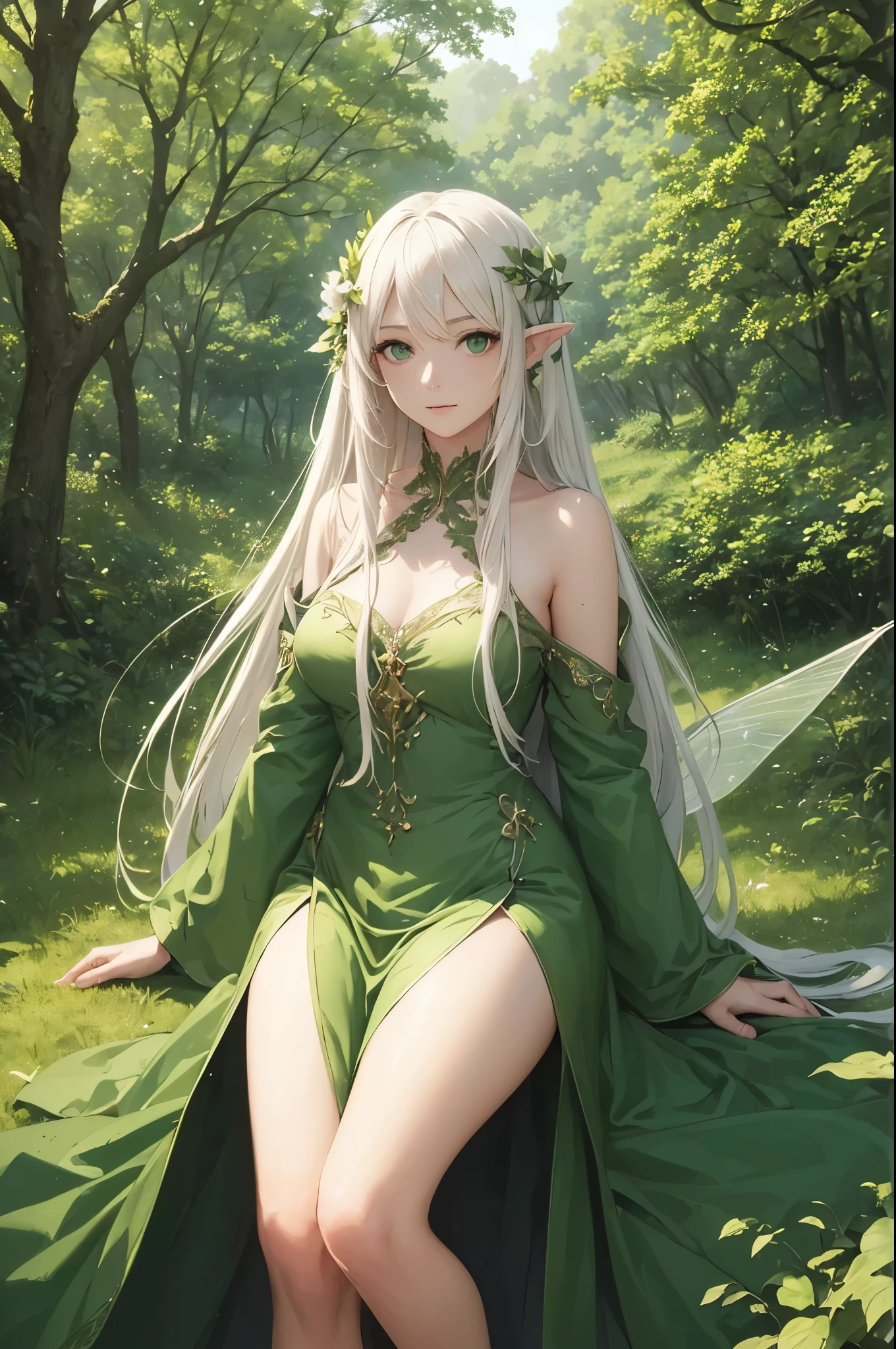 beautiful, View your viewers, Detailed face, Fantasy, beautiful lighting, (22 year old Spanish female), Flowing white hair, Green Eyes, Sitting,Fine grain, Detailed face, Fine hand, Blue Eyes, Green dress, dress, Elf, Fairy, Feathers from the back, flying, Flying, Moderate exposure, smile, Smile, Big Breasts, Big Tits, tits, Sex, Bright smile, Cheerful, Overjoyed, （fine：1.5)、（great joy：1.3）、（exciting:1.4）
