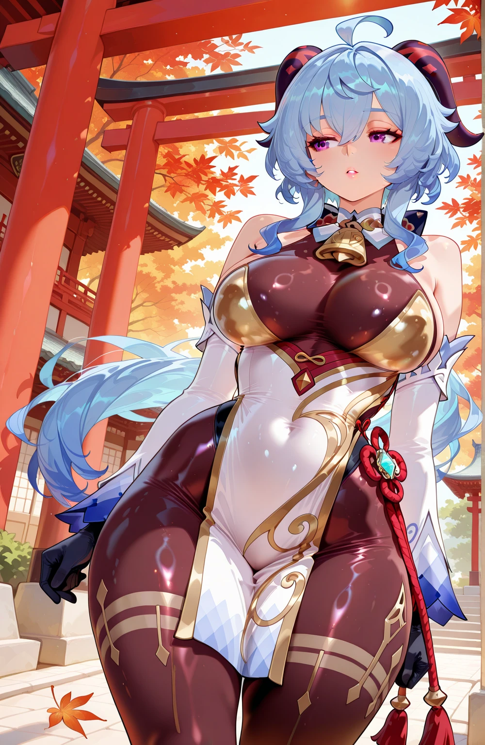 Long Hair, Light Blue Hair, Yellow Eyes, Heart pupils, bare shoulder, Fox Ears, 9 Tails, Big Boobs, Wearing Yukata, Nighttime, Wearing Black Gloves, Inside a house