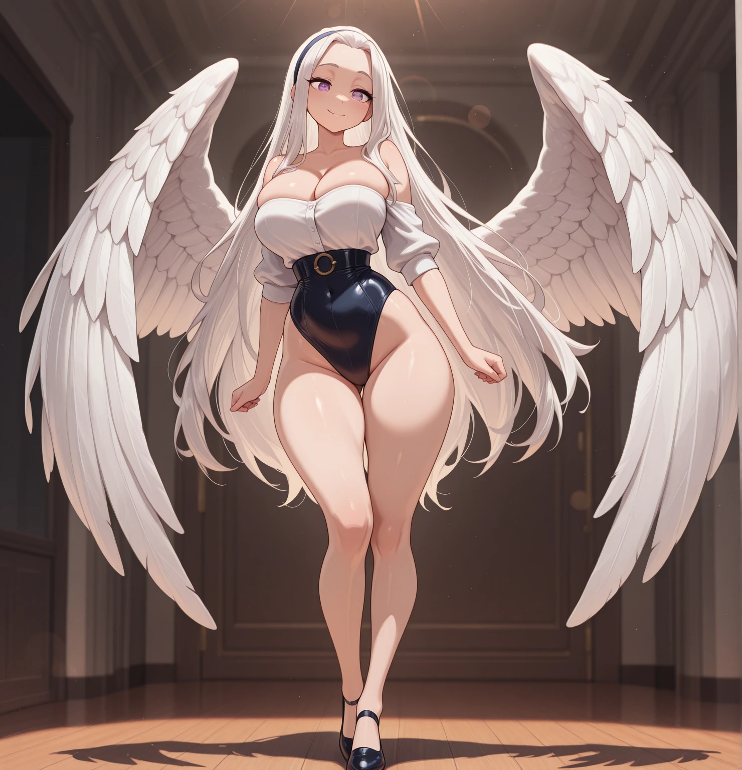 blank background, ((full body framing)), standing, (masterpiece), (best quality), huge girl, (muscular girl:0.8), (wide hips:1.5), (thin hair:1.7), massive breast, (long legs:1.6), big cleavage, cute:1.8, adorable:1.8, ((curvy:1.3)), angel girl, (white wings), ((naked)), (nude), halo,solo, 1girl, ((thick thighs:1.2)), robe, gown