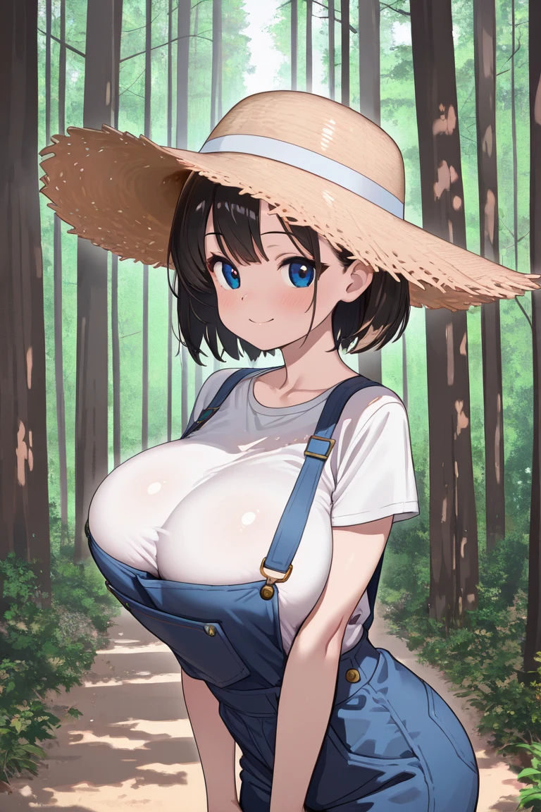 dora, brown hair, tan skin, bob haircut, looking at viewer, (masterpiece:1.2), best quality, high resolution, unity 8k wallpaper, (illustration:0.8), solo, gigantic breasts, sagging breasts, medium shot,nsfw, hanging breasts, upper body focus,, forest background, sitting at a campfire, warm lighting, chubby loli dora, backpack, short shorts