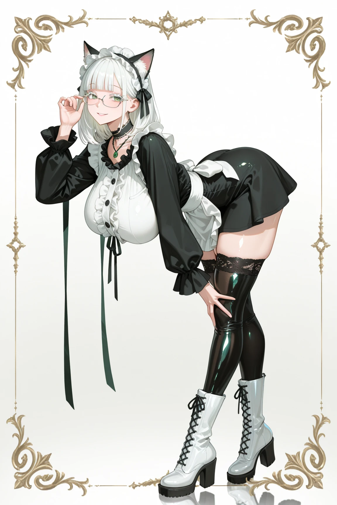 One braid completely covers one eye, hair hanging down to the forehead,  (Best Quality, Masterpiece),sexy mommy, Front cover of a women's cooking magazine,  erotic, 18+, nsfw, 1girl, 30 years old, Contempt, pride, hourglass figure, high heels, sexy Maid costume, beautiful food, text, diagrams, advertisements, magazine title, long white hair,blue detailed sparkling eyes,