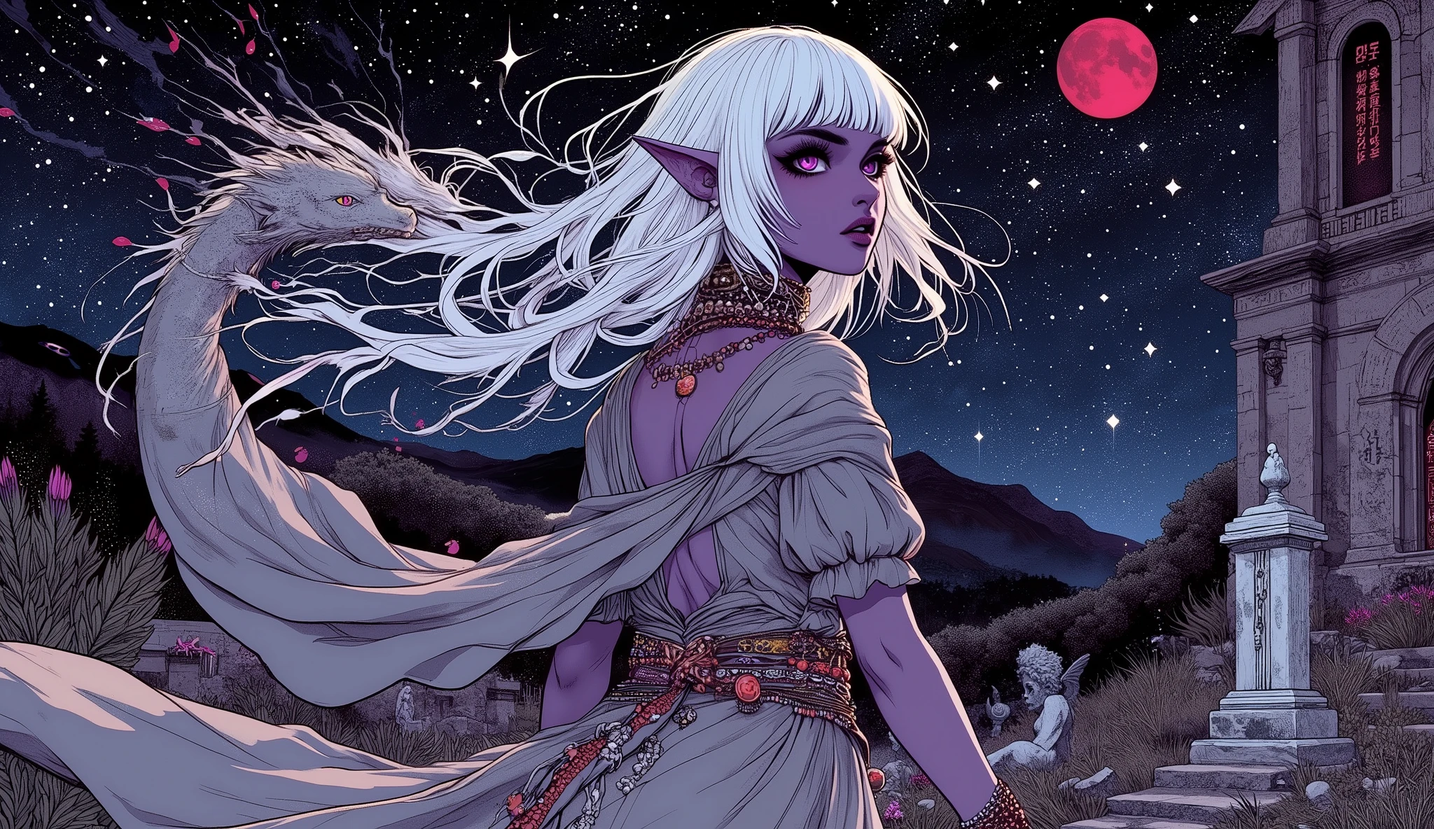 (A fusion of Ukiyo-e and dark fantasy. Aesthetic and gothic digital art. Illustrations are drawn from the perspective of looking up diagonally from the ground.) BREAK 
(White hair. Blunt bangs. White eyebrows. Long white eyelashes. Almond-shaped eyes. Lavender eyes. Dark, thick eyeliner. Small pink lips. Slightly pointy ears. Dark, dark purple skin. Thin limbs. Thin fingers. White fingernails. One thumb and four fingers accurately drawn.) BREAK 
(The world of the Dracula legend is set in medieval Romania. The stars twinkle in a very dark night sky with a small blood-red moon. A female vampire hunter, a dark elf, turns her back and twists her body in the yard of an abandoned church in a mountain village, walking with her companion, a jade oriental dragon, in daring poses and actions. In the churchyard is a broken stone statue of an angel, and the ground is covered with weeds. A woman wears a church-style tunic of gray cotton cloth over a choker adorned with red beads and yellow and orange gemstones, with an Asian-style silk cloth elegantly wrapped around her waist. She wears a gray, thin, transparent organdie wrap-around skirt with a deep slit, braided sandals, and silver-embellished bracelets and anklets on her wrists and ankles. She weaves beautifully colored false hair into her hair. A strong wind blows.)