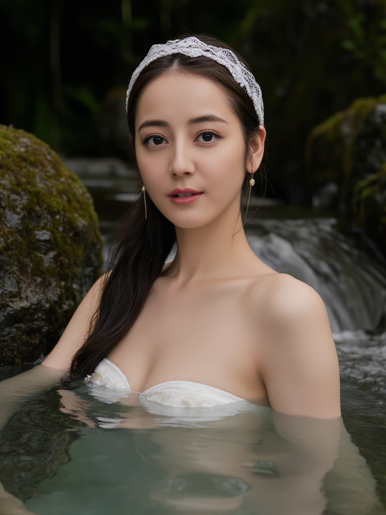best quality, masterpiece, Ultra-high resolution, A supermodel soaks in a hot spring in Japan, Outdoor hot spring, Stone hot spring, Surrounded by moss and trees, Super beautiful face, Pure body, Clearly visible pores, (Smile:0.8), Wearing separates (Lace headband:1.2), (realism:1.5), original photo, Wet body, Sweating all over, Bare shoulders, in the darkness, Deep Shadows, Low profile, Cold Light
