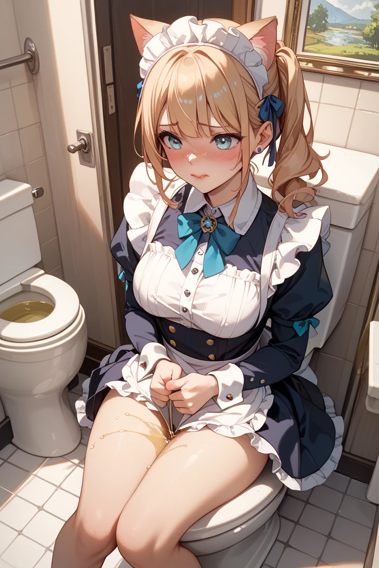 top-quality、8K,{Boy 1}{girl1}{2guys}Full limbs、complete fingers,short-hair、{ SEX}Sweating,Smaller chest、Toilet in the background、Toilets,(((Intense pee)))、((お漏らし ))、(((( M-shaped legs))))、((((cum on ))))、