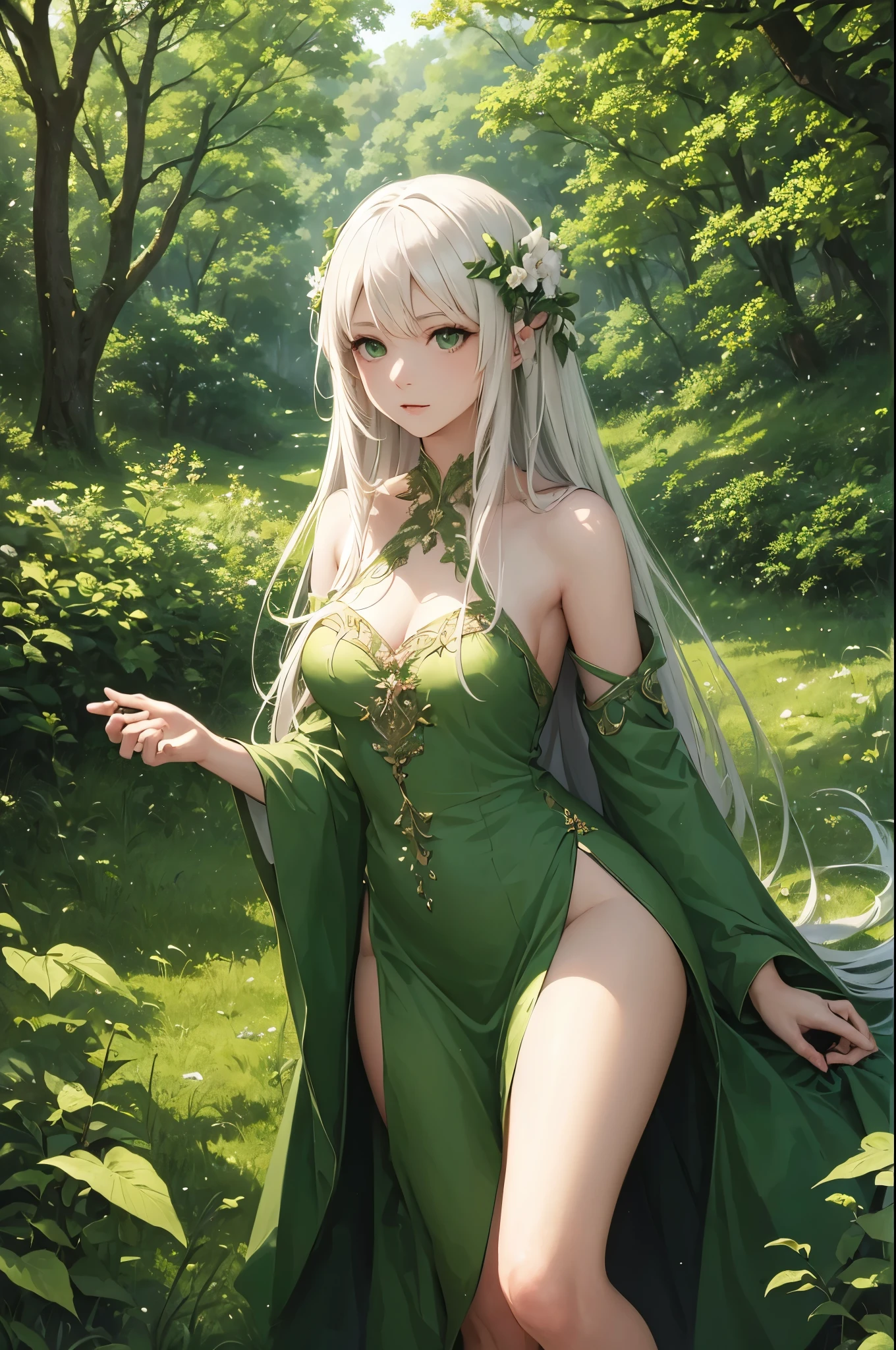 Adult woman, Long white hair, Green eyes, Green Chinese tight top removing, Chinese beautiful patterns, neckline on the chest, open breasts, Gold Elements, ssmile, Masterpiece, hiquality, (small breast, show her boobs nude :1.3, show her pussy:1.2, spread legs)
