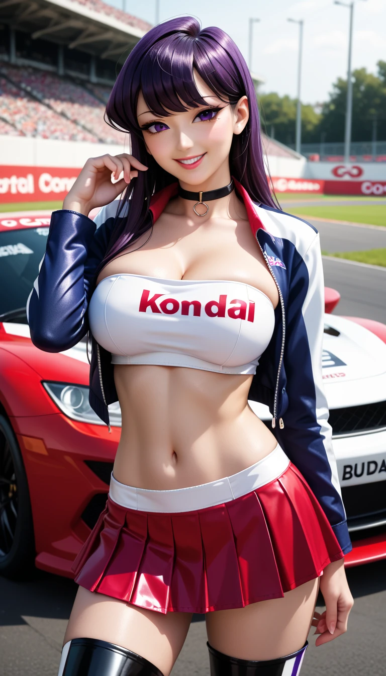 masterpiece: 1.2, top-quality), Reality, (Live action photos, intricate detailes, depth of fields), (1girl in, solo), make - up, Lip separation, High Details, face perfect, (Colossal tits: 1.4), (Skindentation), ((long legged)), Wide buttock, big breasts thin waist, tall, Coral lips, ((Beautiful woman in racing suit, long beautiful legs)), (Sweating: 1.2), (wet), A sexy, red blush, natta, Night Circuit Venue、Half taken rider's jacket、Circuit Venue、Race Machines、natta、Uplifted face