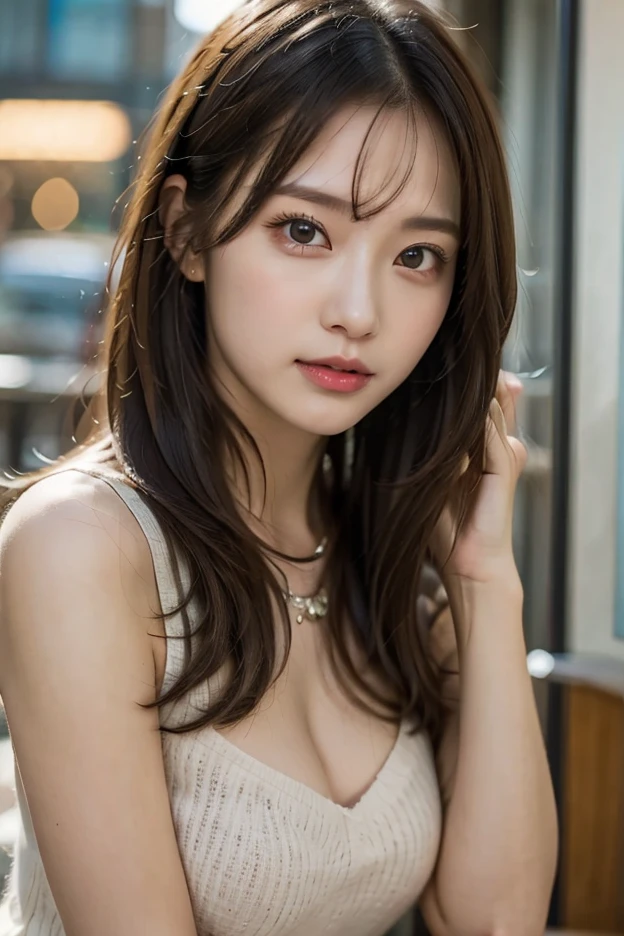 masutepiece, Best Quality, Illustration, Ultra-detailed, finely detail, hight resolution, 8K Wallpaper, Perfect dynamic composition, Beautiful detailed eyes, Natural Lip, Dark blue knitted dress , Same as, cleavage, Cross legs