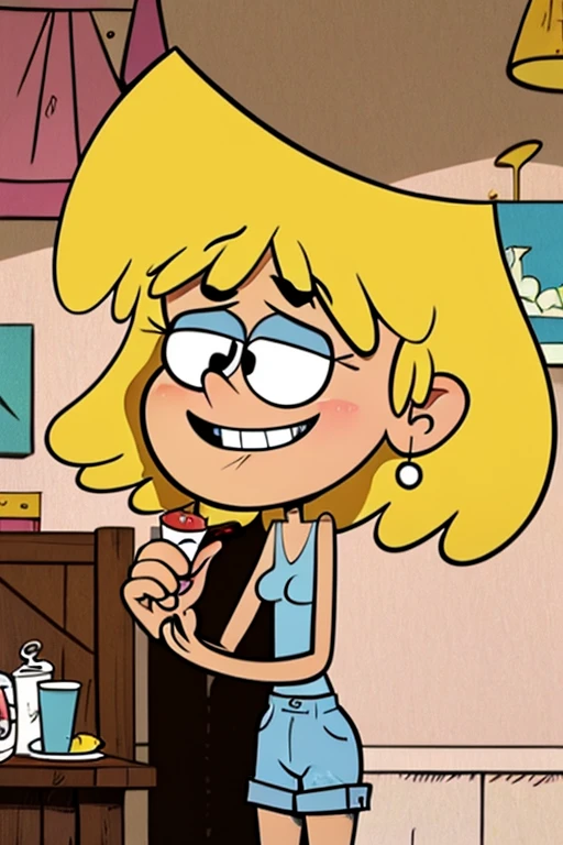 leni loud, kneeling, excited, drooling, blonde, green dress, sunglasses, smile, penis at face, white cream on penis, cherry on penis, room