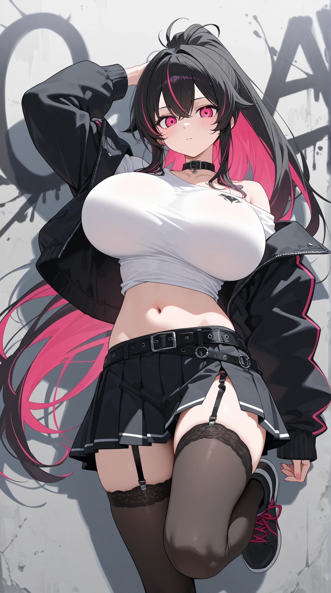 Extremely sexy girl with ahegao face with long pink hair, wearing a black top with a sweetheart cutout in the middle. She wears a black pleated skirt with white stripes and black stockings., lifts up her top to expose her breasts