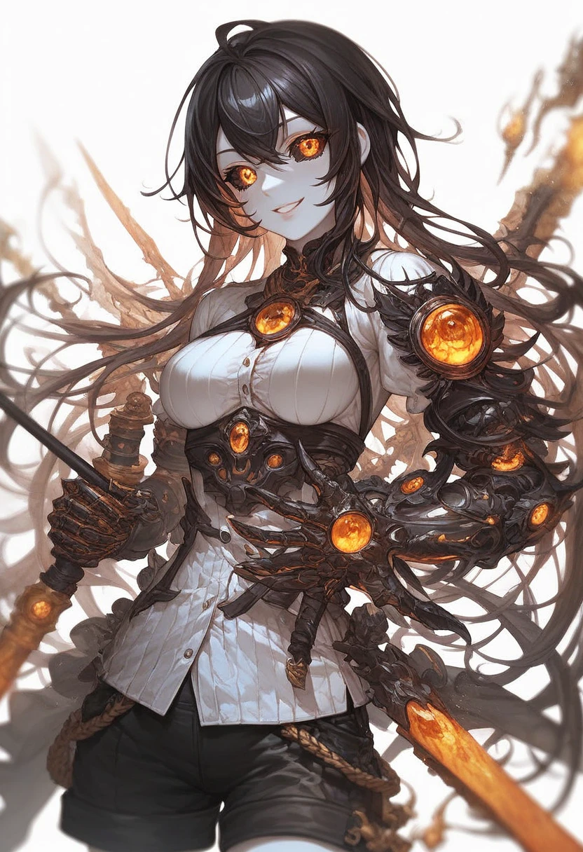 woman, cyborg, high ponytail, eletronics implants, perfect body, black hair, corruption, seductive smile, evil smile,