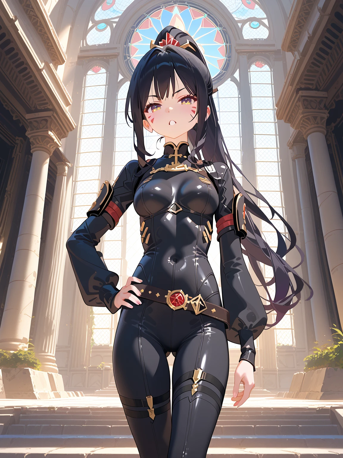Annerose, 1girl, female mature, black hair, long hair, yellow eyes, large breasts, skin tight, hair intakes, (exquisite character details, beautiful lips, beautiful yellow eyes, beautiful face, beautiful and properly clothed), extremely detail unity 8k wallpaper, (solo:1.5), extremely detail background, stand on the edge of high mountain with day sky view, (bodysuit, fully suited, closed clothes)