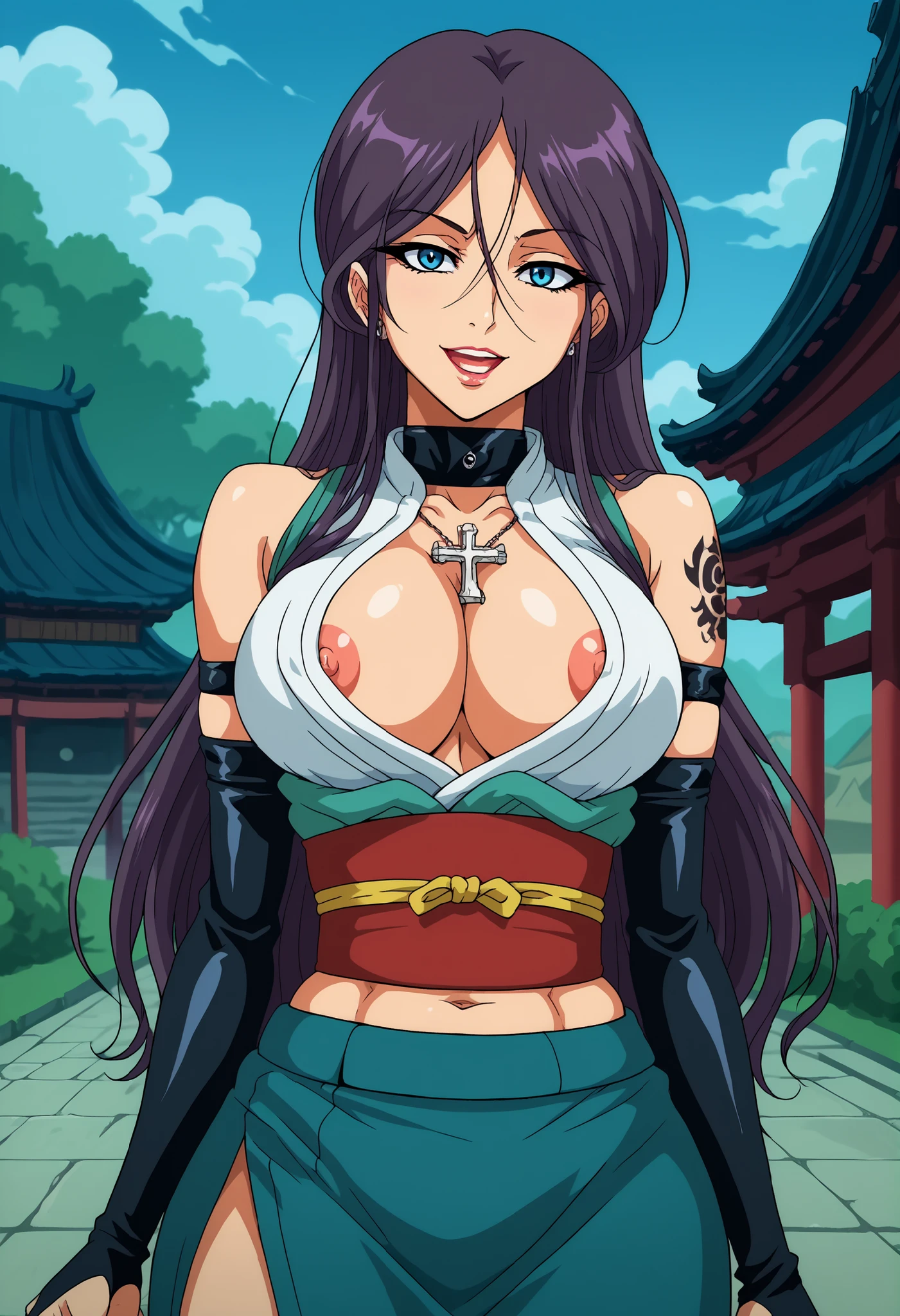 score_9, score_8_up, score_7_up, source_anime,
1girl, solo,
reika shichijou, long hair, blue eyes, , purple hair,
choker, , ear piercing, long hair, , lipstick,Hot girl, baddie, sensual, attractive, cross necklace, choker, sleeveless kimono,cleavage cutout,obi,arm strap,,elbow gloves,bridal gauntlets, masterpiece, best quality, highly detailed, a girl in kimono ,holding sword, bare shoulder,, evil smile, open mouth , (nsfw) not safe for work, serious eyes, official artwork,beautiful girl, short kimono pencil skirt,, exposed belly, exposed navel, ,in a palace,exposed midriff, exposed lower belly, outdoor, japanese architecture, temple, nipple slip, milk dripping from nipples, loose fitting kimono, ninja kimono, side slit,medium large breast ,looking at viewer , dragon tattoo on waist, narrowed eyes, tattoo on waist, anipai_style , anime screencap , anime coloring, v-shape eyebrows,