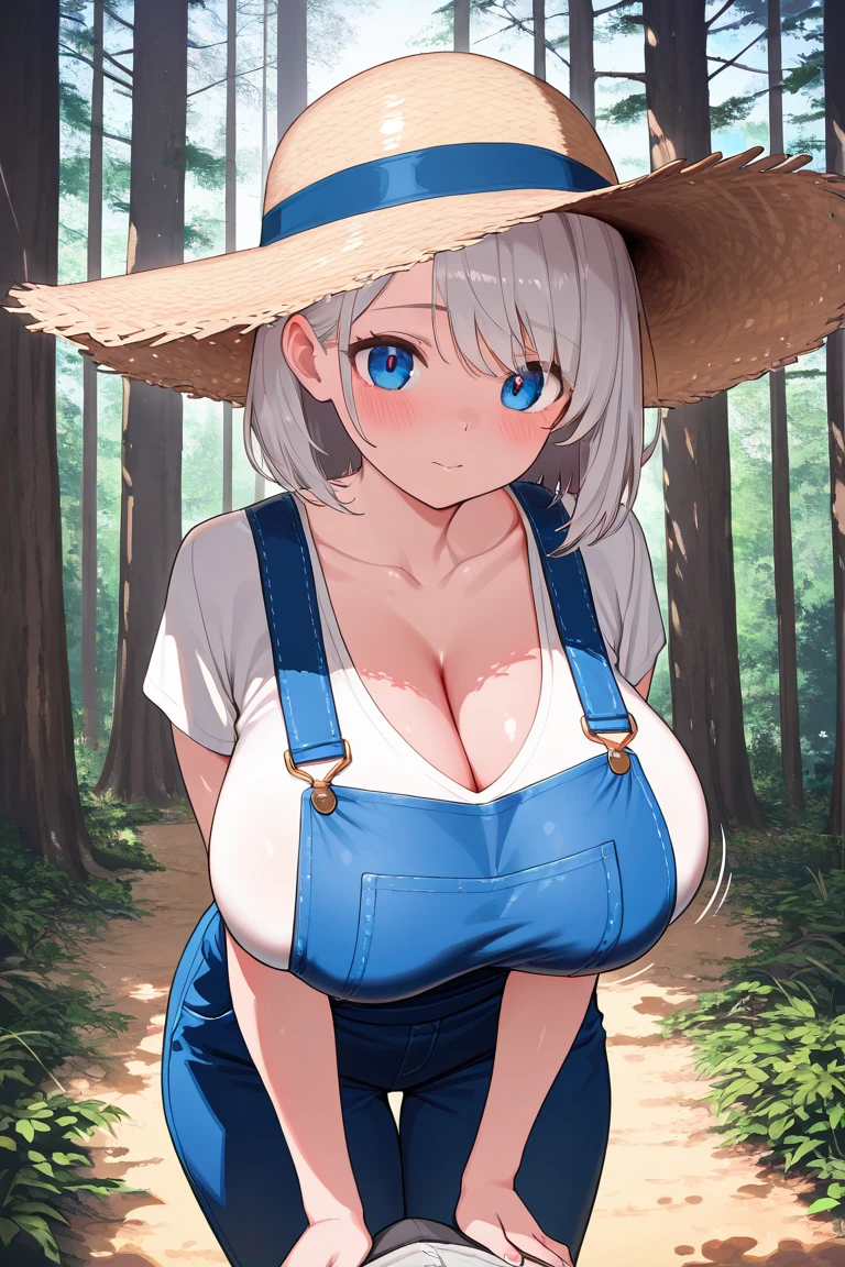 Tanned raccoon girl, wide hips, huge breasts, thick thighs, bimbo, cowgirl outfit, shorts, tied up long sleeved top, blonde long hair, blue eye, walking in a field, smiling, suggestive look, brushing, sexy pose, submissive, wet clothes, transparent clothes, cleaning a car
