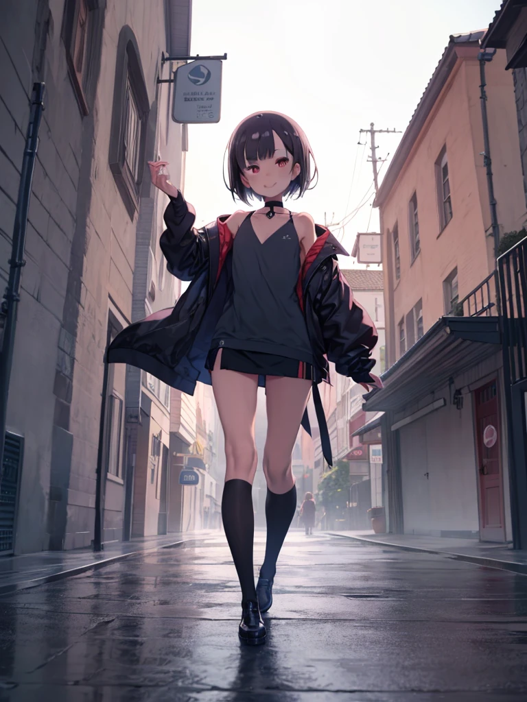masterpiece,The best quality at its best、Lightless Eyes、Lightweight coat、Leather shoes、Brown Hair、Holding an umbrella、Red eyes、Eyes are thin