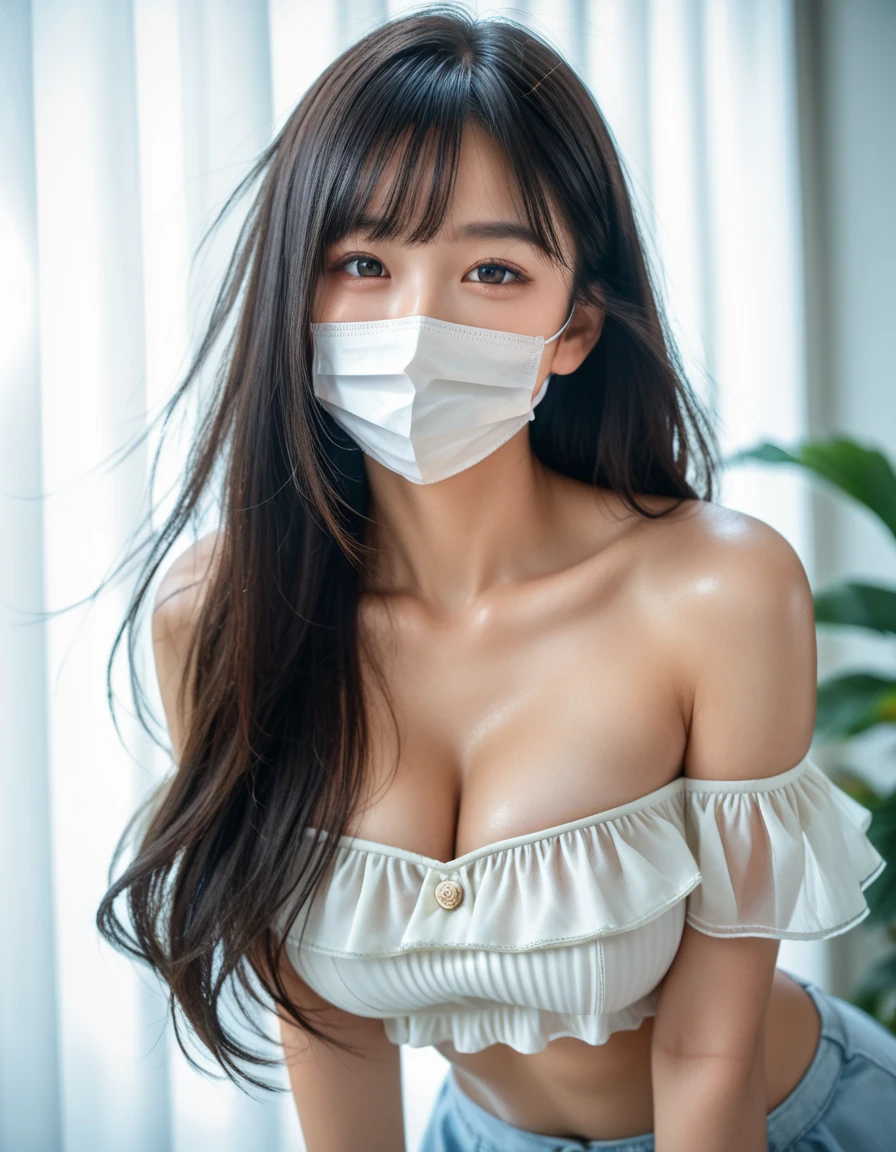 (8K, Raw-Photo, Photorealistic:1.25), masutepiece, Best Quality, Illustration, Ultra-detailed, delicate detail, Hight Resolution, 8K wallpaper, Perfect dynamic composition, Beautiful detailed eyes, Natural Lip, (Sexy grey knit dress:1.3), (((Huge breasts :1.2, and droopy breasts:1.1))), cleavage, perfect shiny skin, prefect skin, (((shiny white skin))), moist lips, Innocent Big Eyes, Detailed Eyes, walking, (from above:1.2), (wearing mask:1.2)