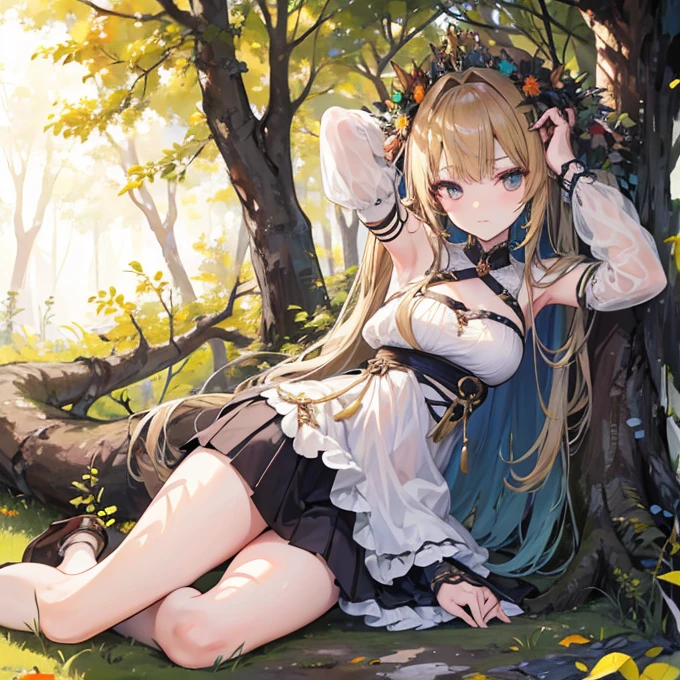 1 girl,Best quality, tmasterpiece, Long green hair, beautiful,detailed eyes, HD, super cute girl, super cute hairstyle, extremely detailed, Visually inspect the audience, The face is slightly red,is shy,adolable, small breasts cleavage, skirt, pleated skirt, frills, white dress, (solo:1.6), seductive smile, (green eyes with beautiful pupils:1.7), (on her knees:1.5), (garden background with butterflies and flowers around:1.2),