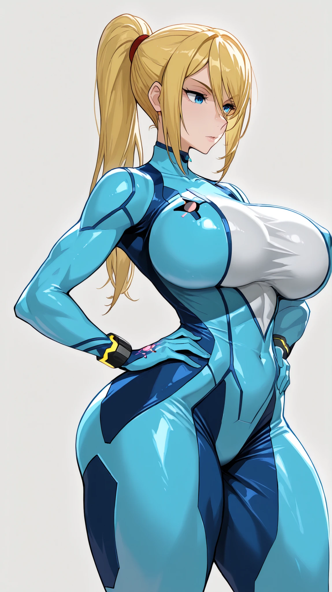 natural breasts,bottom up,
low lit,
(ゼロスーツサムス) Samus Alan, (detailed eyes drawn on a giant ), serous , curvy body, sensual, thighs, (bodysuit), Standing, white plain background, with one hand on the waist