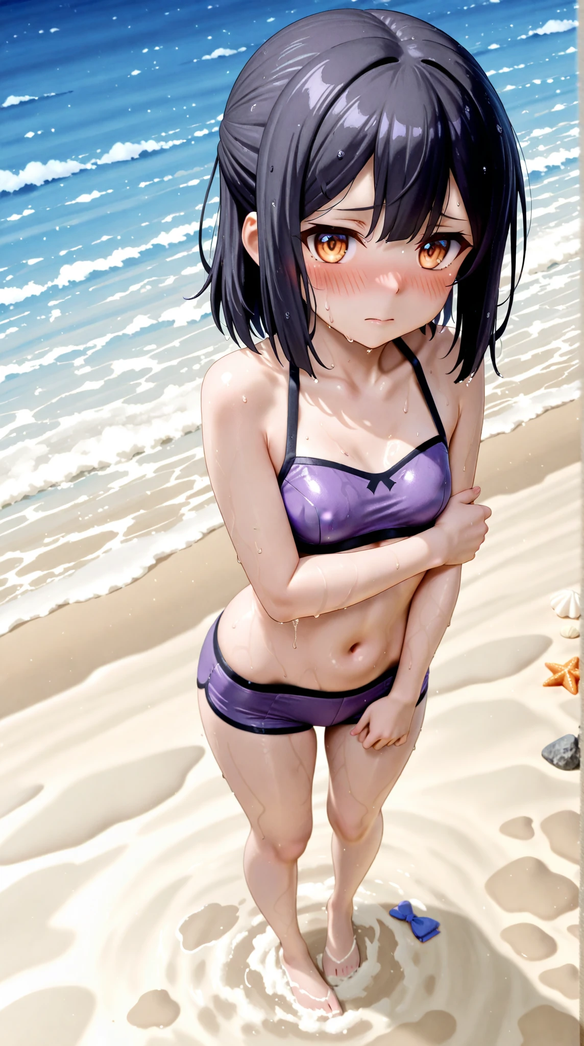 ((masterpiece)), (anime:1.3), ((Highest quality)), Seaside、Beach、(Distorting lips)、pain、slouch:1.3、(tears、Saliva、drool)、From aboveのアングル、Looking up、(Super detailed:1.2), (High resolution:1.3), (Professional photography:1.2), (15 years old), (One girl), Cute young girl, From above, break, , (Glare、Angry,、Cleavage)、 Short Hair、(Beautiful purple eyes:1.3), (Sunburn), (Take off your long coat), black bikini top, Flat Chest, The body is slim, (Forehead:1.3),Tuck hair behind ears:1.3、, (Short Hair), ((Beautiful black hair)), Wear a long cardigan, Shorts, break, ((Highest quality)), (In tropical countries), (Sharp focus), (Perfect light),